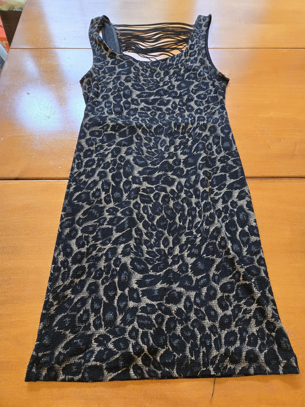 Sleeveless Leopard-Print Tank Dress with Fringe Back in Black and Cream